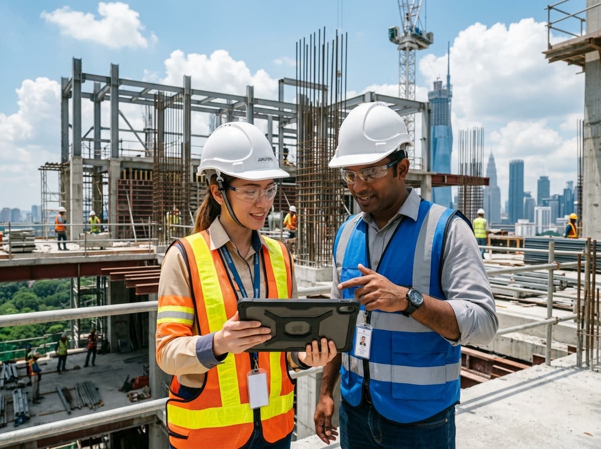 Two engineers reviewing architectural plans on active development site